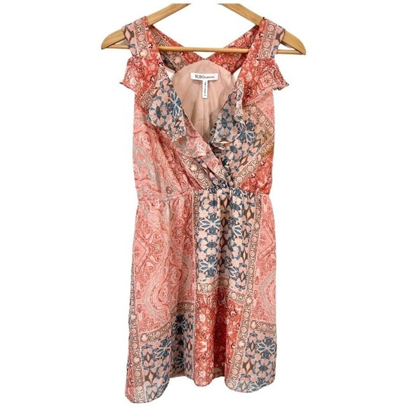 BCBGeneration Womens A Line Dress Pink Mini Patchwork Ruffle Sleeveless‎ XS - Picture 1 of 7